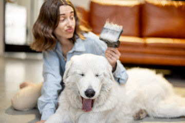 Woman combs the dog's hair with a brush