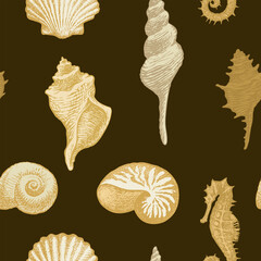 Seamless pattern with beautiful hand-drawn seashells of various shapes. Vector illustration with beige pencil drawings on a brown background. Suitable for wallpaper, wrapping paper, fabric