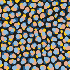 Abstract leo seamless repeat pattern. Random placed colorful overlapped  vector dots all over print with dark blue background.
