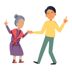 My son is dancing with an elderly mother.