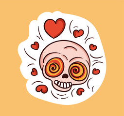 Colorful lovely skull sticker with hearts over head