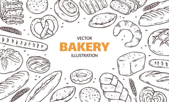 Banner Or Poster With Hand Drawn Bakery Products, Doodle Vector Illustration.