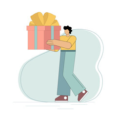 Presentation of a gift. A man holds a large gift box in his hands. Preparation for the holiday. The joy of giving. Vector illustration on white background.