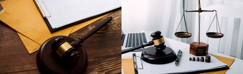 Business and lawyers discussing contract papers with brass scale on desk in office. Law, legal services, advice, justice and law concept picture with film grain effect