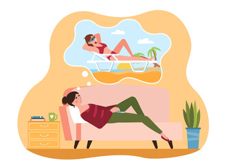 Female character is lying on sofa and dreaming about summer vacation and beach with sea