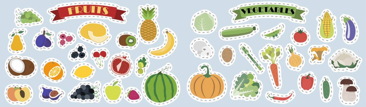 Set of flat vector mushrooms, fruits and vegetables. Bright stickers with the image of cute summer vegetables and fruits products in cartoon style. A set of isolated healthy food products.