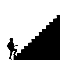 Silhouette school boy with backpack climbs the stairs to the top