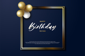 happy birthday background with gold frame and white and gold balloons