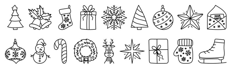 Christmas tree sketch. Black doodle line web icon set. New Year festive vector collection. Handdrawn vector outline illustrations for greeting card. Bell, snowflake, ball and star. Gift and snowman