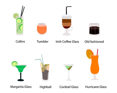 Cocktail glasses different types hand drawn vector icon set EPS10