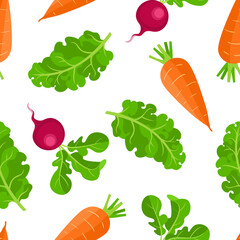 Fresh vegetables background. Seamless pattern with cartoon carrots, radishes and kale. Vector food illustration. Simple flat style.