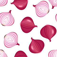 Seamless pattern with red onion. Vector cartoon whole vegetable and slices. Simple flat style. Food background.