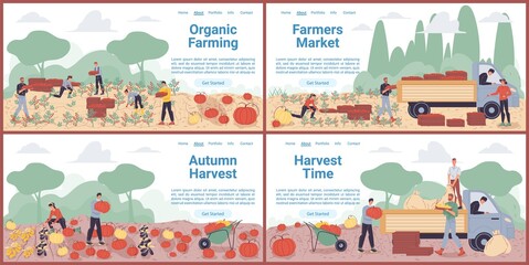 Vector cartoon flat farmer characters harvesting,people workers harvest vegetables,load them on truck-natural,organic farming,agriculture concept.Set of web online landing page templates site design