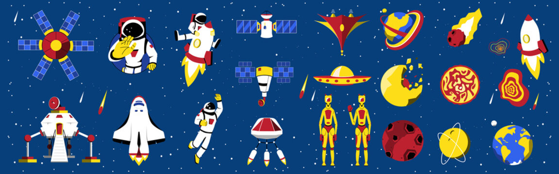 Big set of space cartoon vector illustrations. Spaceships, astronauts, aliens, satellites, rockets, planets, lunar module, science clipart elements. Collection of isolated space objects.