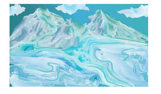 Vector blue cold misty mountains with snow and clouds in the sky. Background- Mountains and glaciers.Imitation under watercolor.