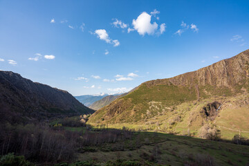 Panoramic views of the Unarre valley, from the Gola pond. Sunny day with some clouds, early spring.