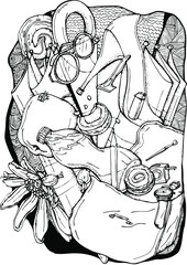 vector illustration ,bag,watch,cookies,water bottle,apple with ladybug,glasses,shoes,umbrella,lollipop,flower,tape measure,doodle