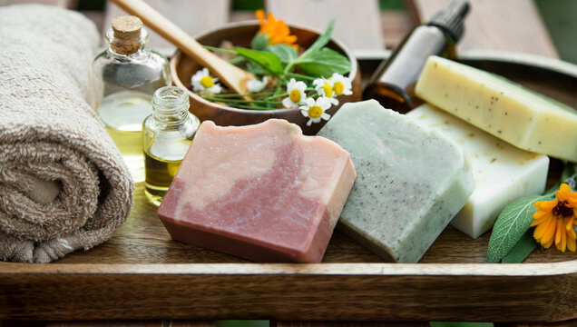 Natural handmade skincare. Organic soap bars with plants extracts