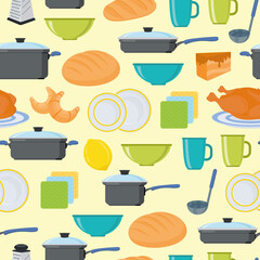 Seamless background. Kitchen. Pattern. Food and drinks. Kitchen utensils. Pots and pans. The pattern. Vector illustration