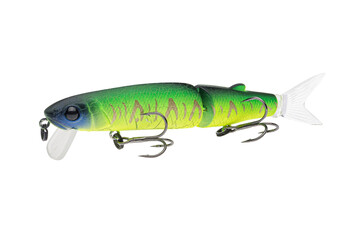 Wobbler with hooks for fishing as bait for fish, which is used for spinning. Fishing tackle for a fisherman.