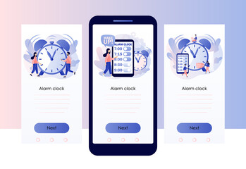 Alarm clock rings. Wake up. Good morning concept. Tiny people wake up in morning and follow routine of day. Screen template for mobile smart phone. Modern flat cartoon style. Vector illustration