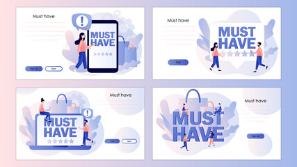 Must have. Online shopping. Advertising and E-commerce concept. Tiny people buy most necessary things. Screen template for landing page, template, ui, web, mobile app, poster, banner, flyer. Vector 