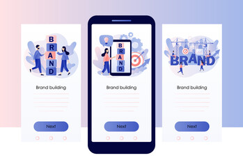 Brand. Tiny people building brand. Branding. Corporate identity. Company development. Self-positioning, individual strategy. Screen template for mobile smart phone. Modern flat cartoon style. Vector 