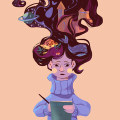 The image of a dreamer girl in a blue sweater with a notebook and a pen in her hands, long brown hair rising up, her hair depicts different dreams and desires of the girl.Pink background,pastel colors