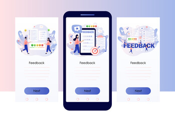 Feedback concept. Customer survey, review and opinion. Tiny people clients leave feedback in online service. Screen template for mobile smart phone. Modern flat cartoon style. Vector illustration