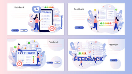 Fototapeta na wymiar Feedback concept. Customer survey, review and opinion. Tiny people leave feedback in online service. Screen template for landing page, template, ui, web, mobile app, poster, banner, flyer. Vector 