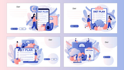 Nutrition diet. Diet plan with healthy food and physical activity. Nutritionist online. Screen template for landing page, template, ui, web, mobile app, poster, banner, flyer. Vector illustration