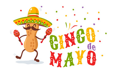 Vector illustration of peanut in sombrero for Cinco de mayo festival.