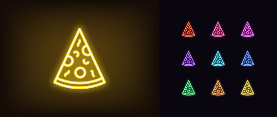 Neon pizza slice icon. Glowing neon pizza sign, outline silhouette