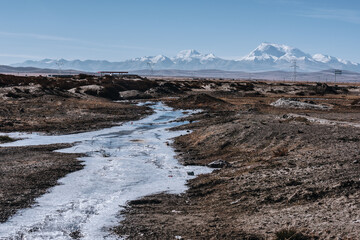 October 11, 2020: A frozen stream in late autumn in Tibet