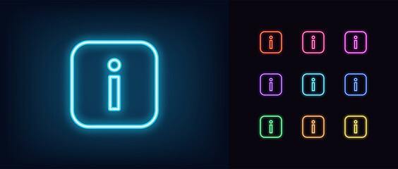 Neon info icon. Glowing neon information sign, outline inform silhouette - obrazy, fototapety, plakaty