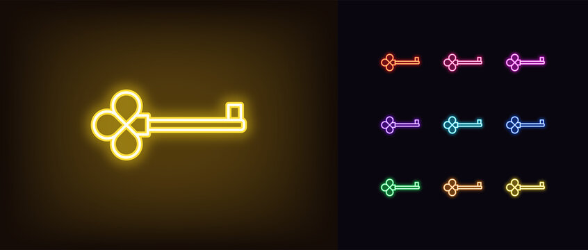Neon key icon. Glowing neon key sign, outline magic clue, silhouette