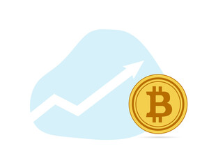 Gold flat coin of digital crypto currency bitcoin on a blue background and a white arrow graph of the growth of the value rate up