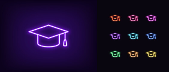 Neon academic hat icon. Glowing neon education sign, outline mortarboard pictogram
