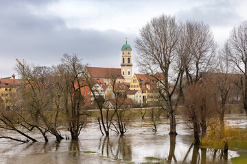 church with clocks, Flood in Regensburg
