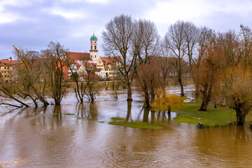 church with clocks, Flood in Regensburg