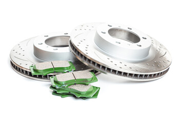 Perforated brake discs, ceramic pads - everything for better braking. on a white background