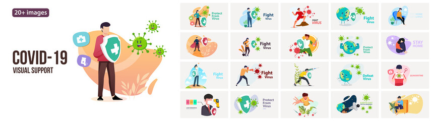 COVID-19 Visual Support illustrations. Mega set. Collection of scenes with Fight Virus, Social Distancing, Vaccine Coronavirus, Stay Home, and Quarantine .Trendy vector style