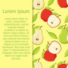 Seamless pattern with apples and pears on background. Half ripe apple and pear. Wallpaper, print, packaging, paper