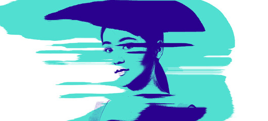 Portrait Art of beauty woman in minimal style. Light and Shadow. Face of woman. Graphic images style of pretty female face and white background. two tone colour style. modern and minimal. 