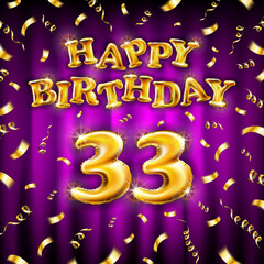 Golden number thirty three metallic balloon. Happy Birthday message made of golden inflatable balloon. 33 letters on pink background. fly gold ribbons with confetti. vector illustration