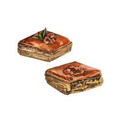 Traditional dessert baklava. Watercolor illustration on white background.