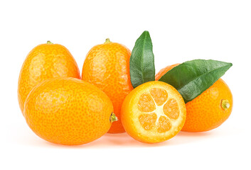 Fresh kumquats with leaves isolated on a white background. Delicious and juicy kumquat fruits.