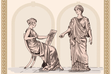 Fototapeta na wymiar Two ancient Greek women talk to each other. A young slender woman in an ancient Greek tunic sitting on a chair and looking at his reflection in the mirror.