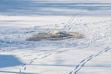 Frozen lake or body of water in the winter snowy season. Background