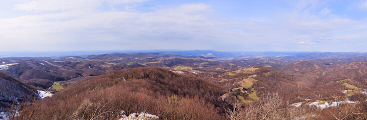 Fototapeta na wymiar Panoramic View of the Nature Landscape. Winter day. Mountain range in eastern Serbia. Homolje Mountains
